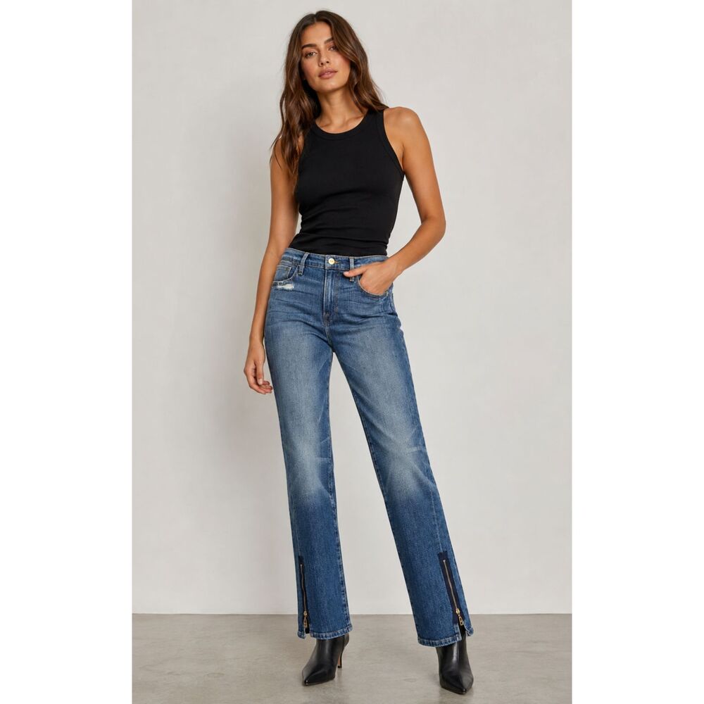 Frame Le High Straight Jeans Womens Sz 27 Blue Distressed Ankle Zip High Rise N3